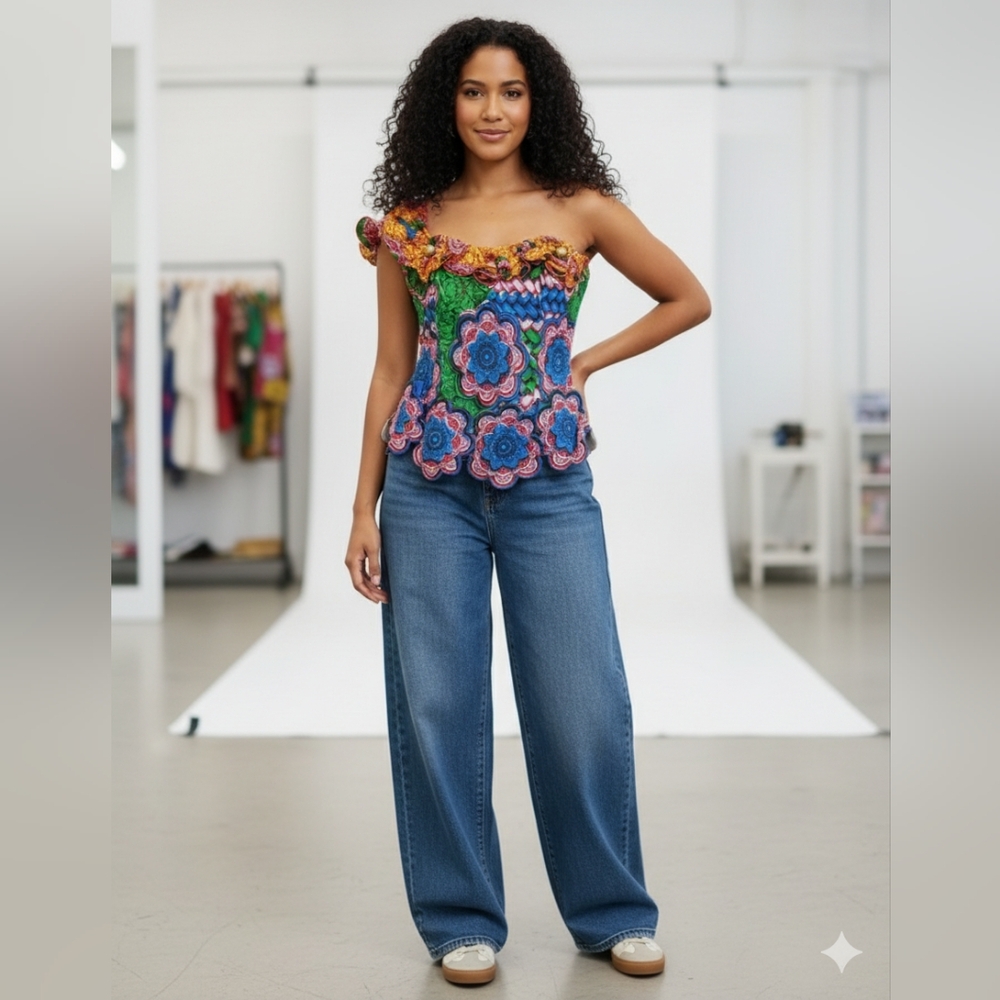 Vibrant Afropunk Styled Cotton One Shoulder Top - Picture 6 of 6